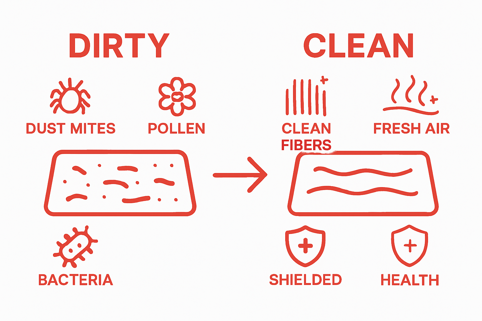 Before and after rug cleaning comparison with allergen icons