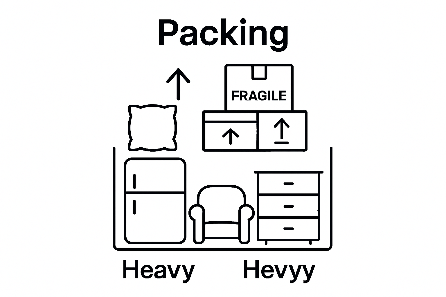 infographic showing two-step storage container packing: heavy items below, boxes above