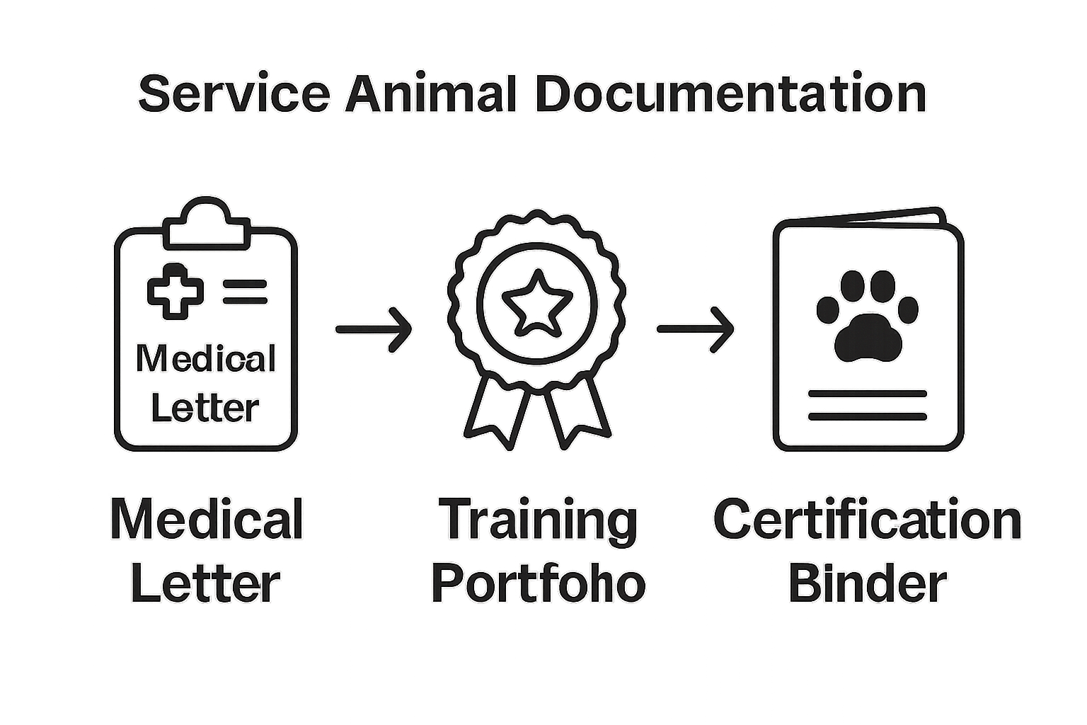 Three-step service dog certification workflow with icons for medical, training, and documentation