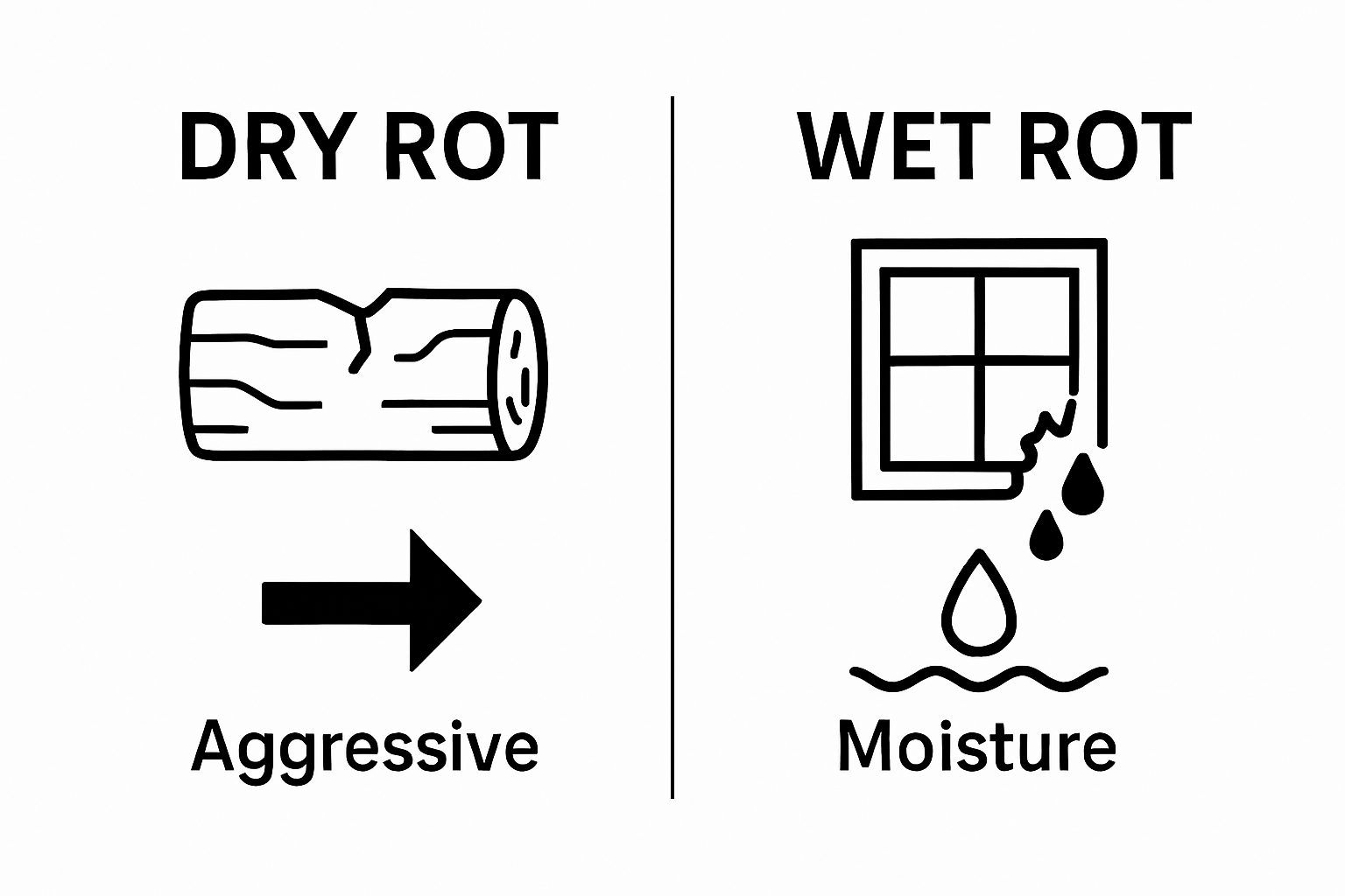 Infographic comparing dry rot versus wet rot in wood