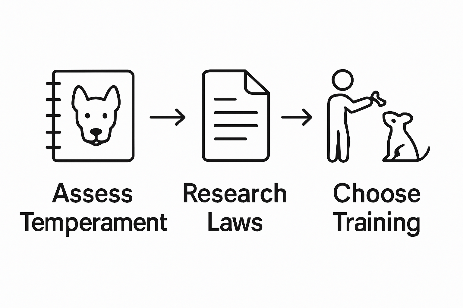 Service dog 3-step process: assess, research, train shown with simple icons
