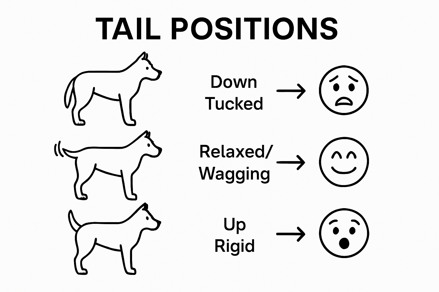 Dog tail positions with matching emotions