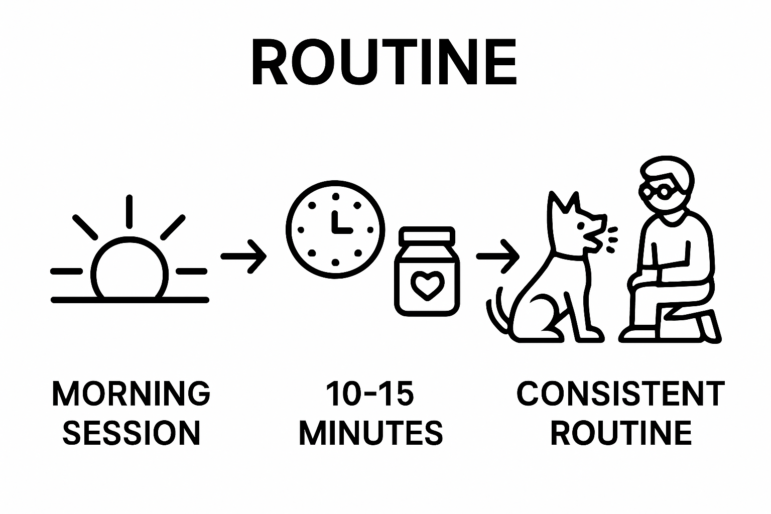 Three-step dog training routine infographic: morning session, short duration, consistent location