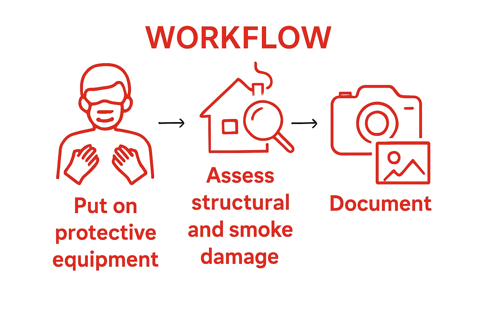 Simple visual workflow: gear up, assess fire damage, document findings.