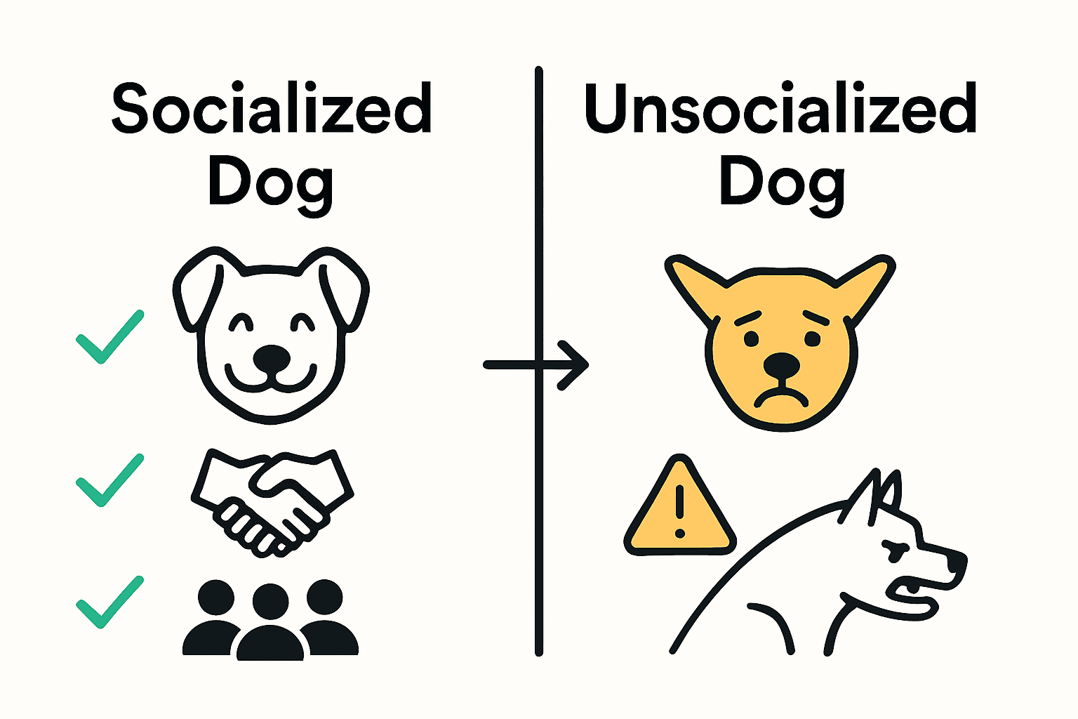 Infographic comparing a socialized versus unsocialized dog’s behavior outcomes.