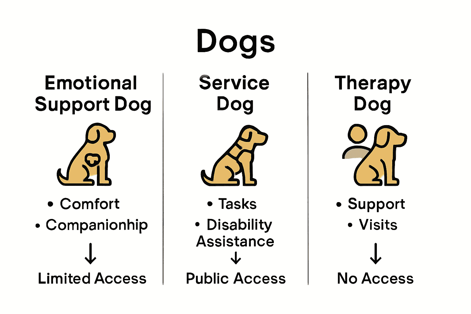 Infographic comparing emotional support dogs, service dogs, and therapy dogs