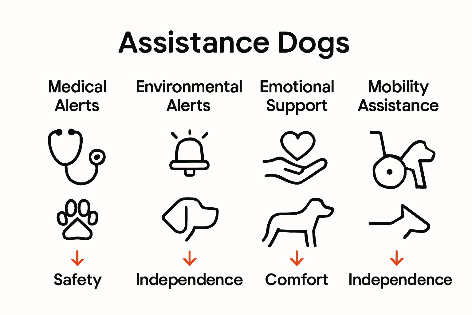 Comparison infographic showing four types of dog alerts and their signal methods.