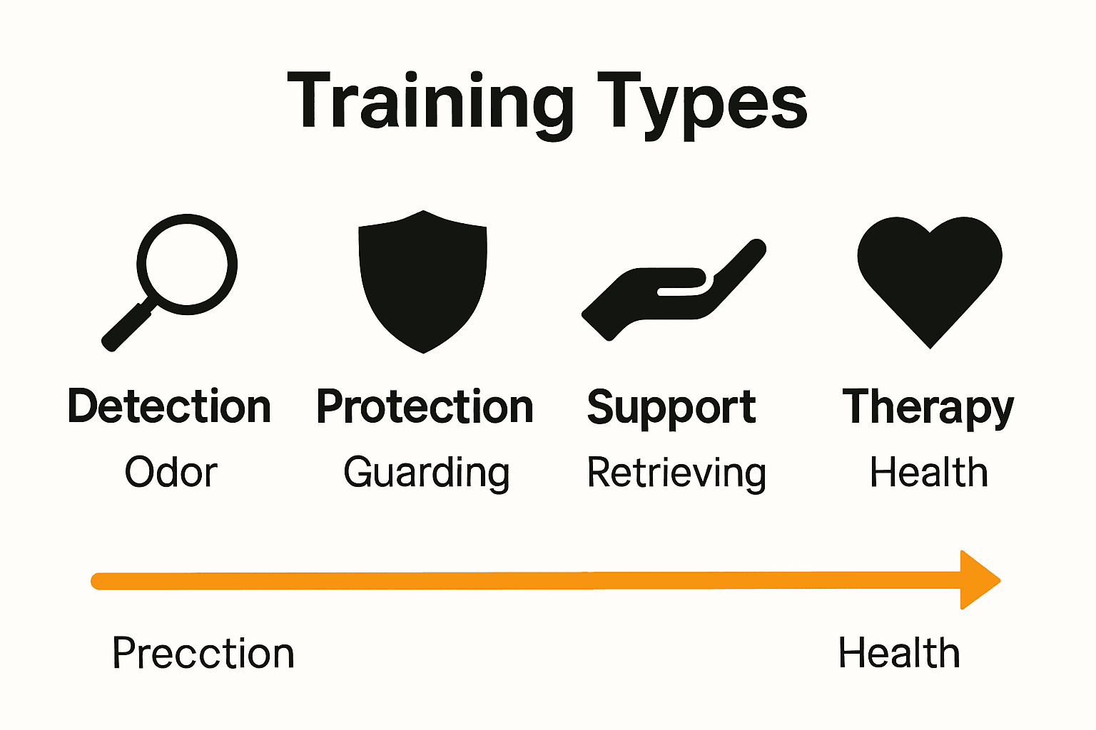 Icons showing detection, protection, assistance, and therapy dog roles with sample skills.