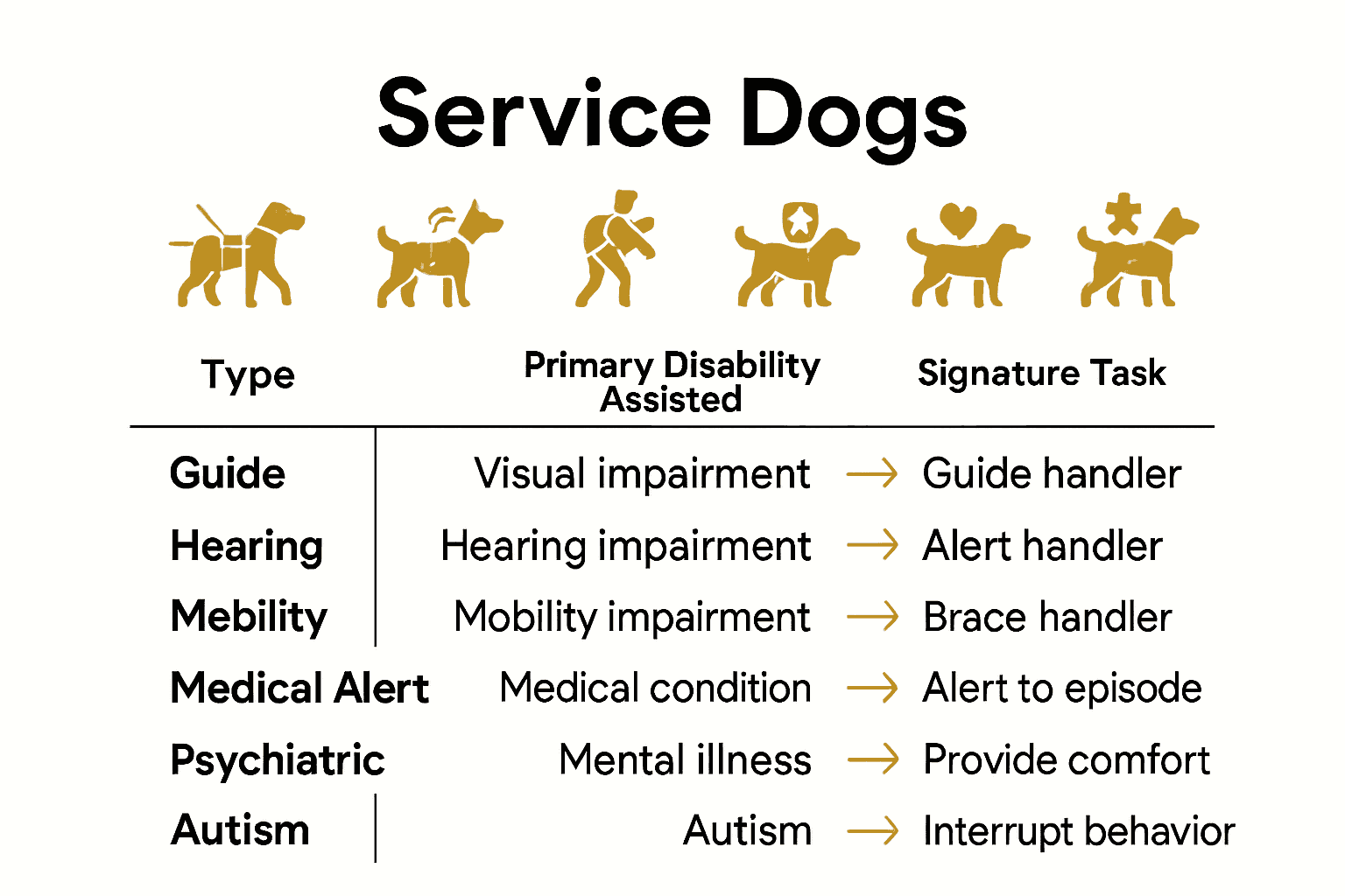 Infographic comparing main types of service dogs and their primary tasks.