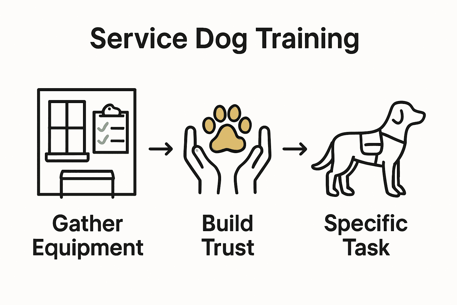 Infographic showing three key steps of service dog training: preparation, building trust, and real-world tasks.