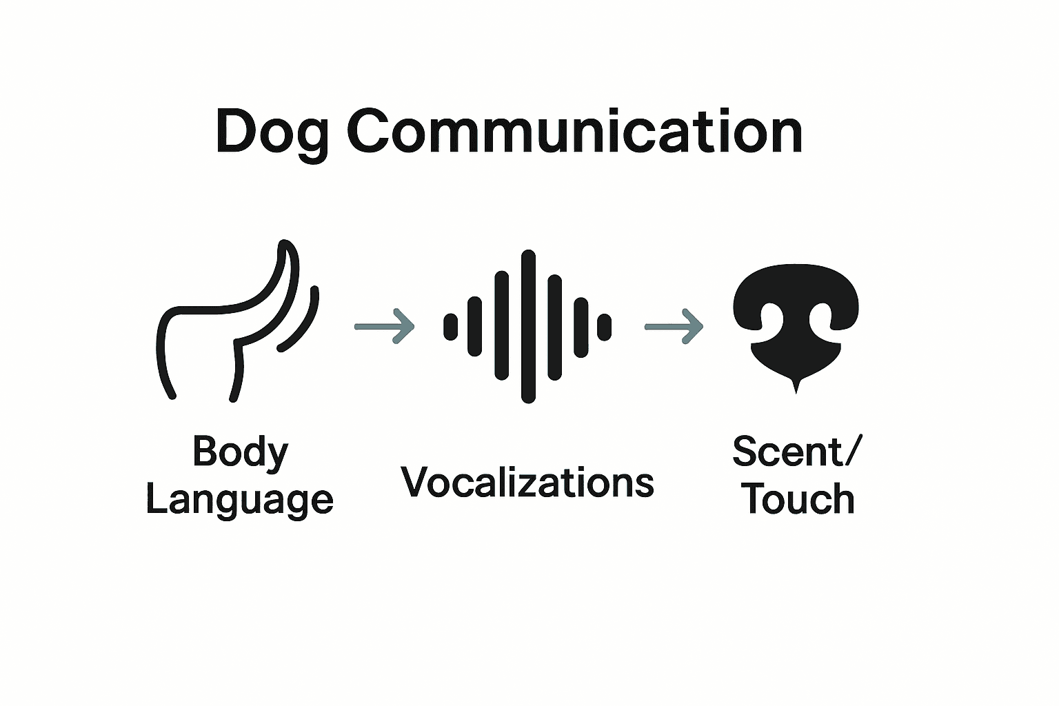 Infographic comparing dog body language, vocalizations, and scent communication.