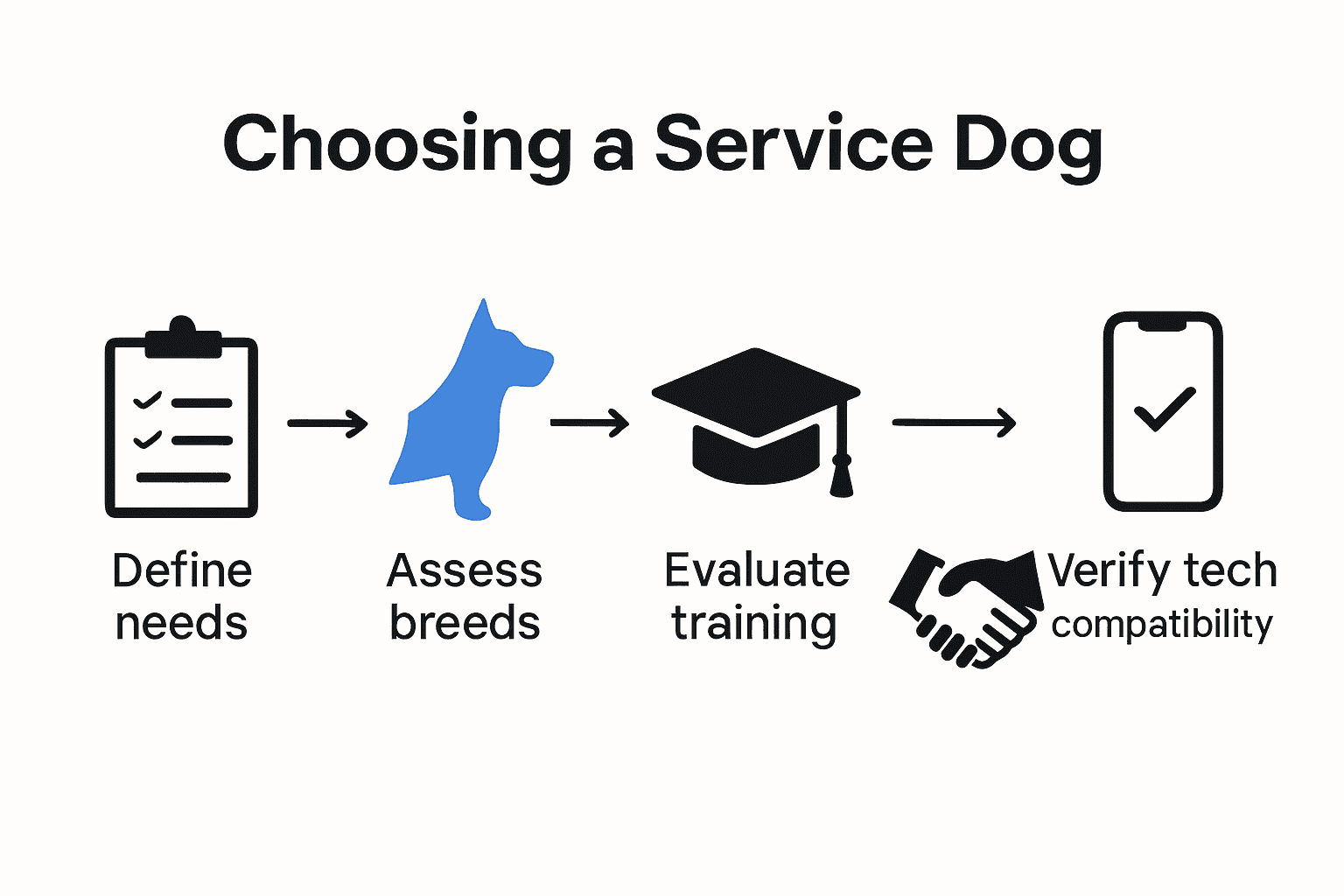 Infographic showing five steps to select a service dog with matching icons.