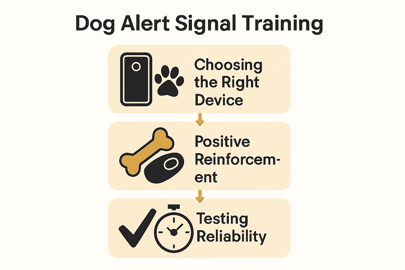 Infographic showing device selection, training, and testing steps for dog alert signal training.