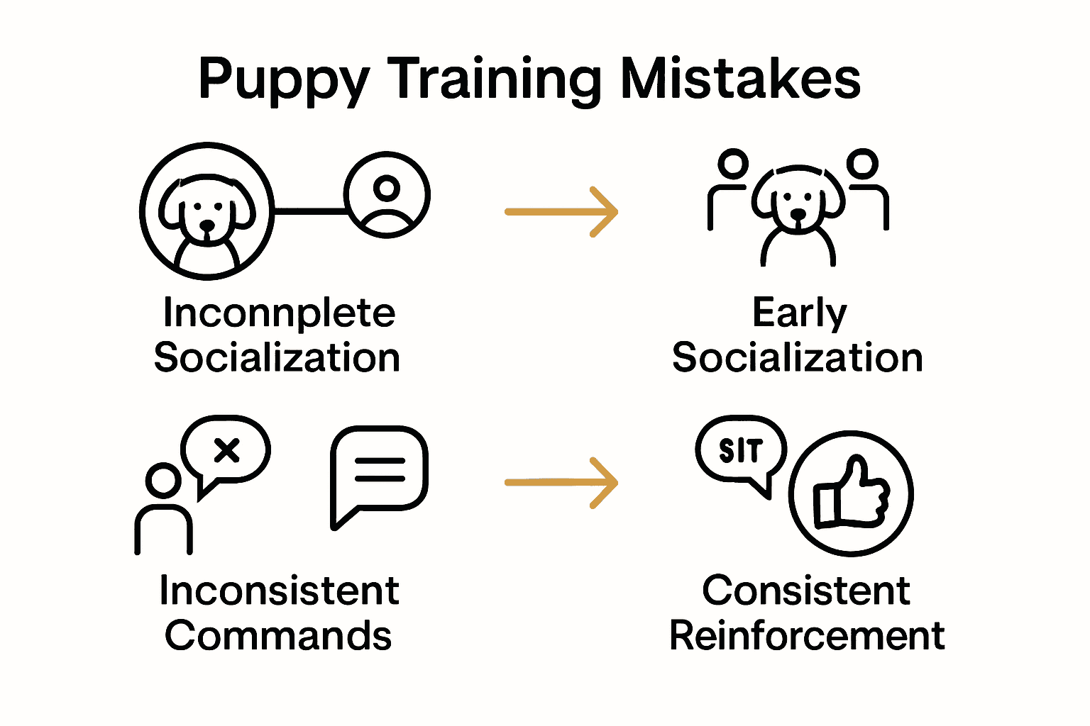 Infographic comparing common puppy training mistakes and solutions