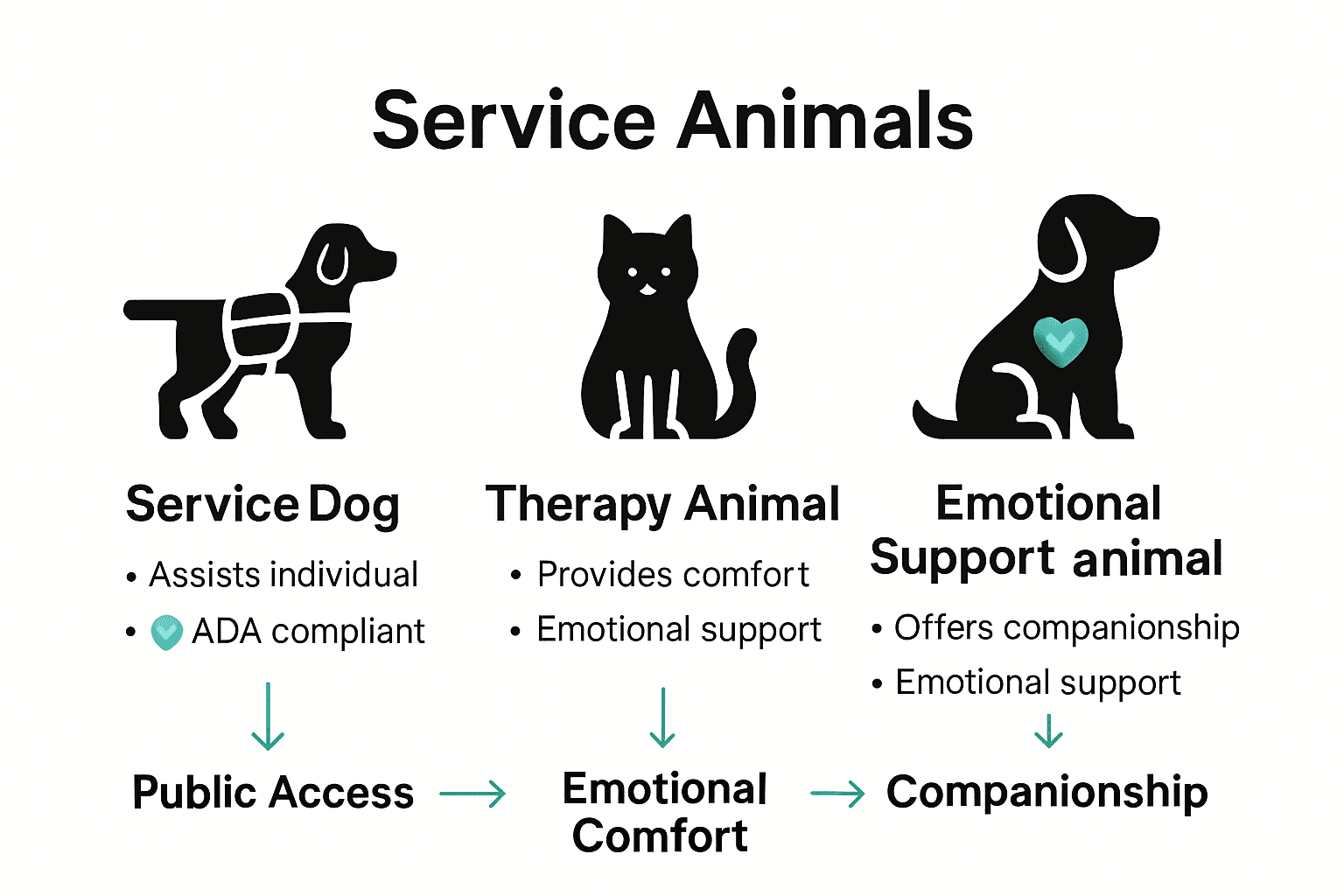 Infographic comparing service dogs, therapy animals, and emotional support animals