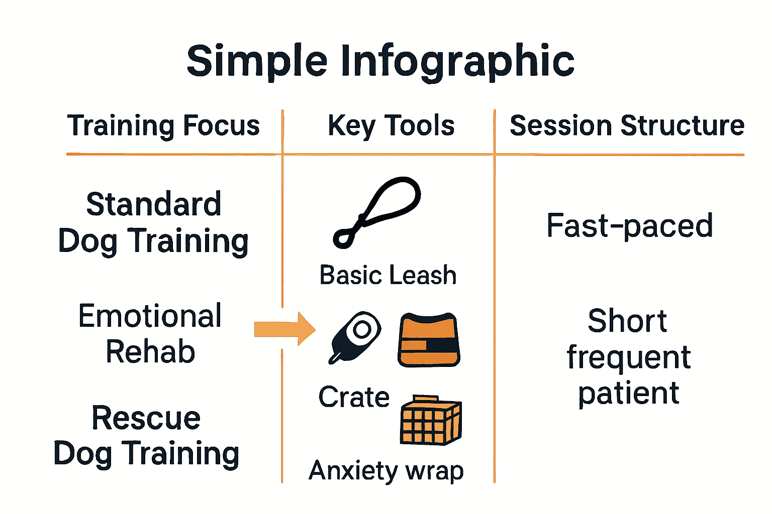 Infographic comparing rescue dog vs. standard dog training methods and tools