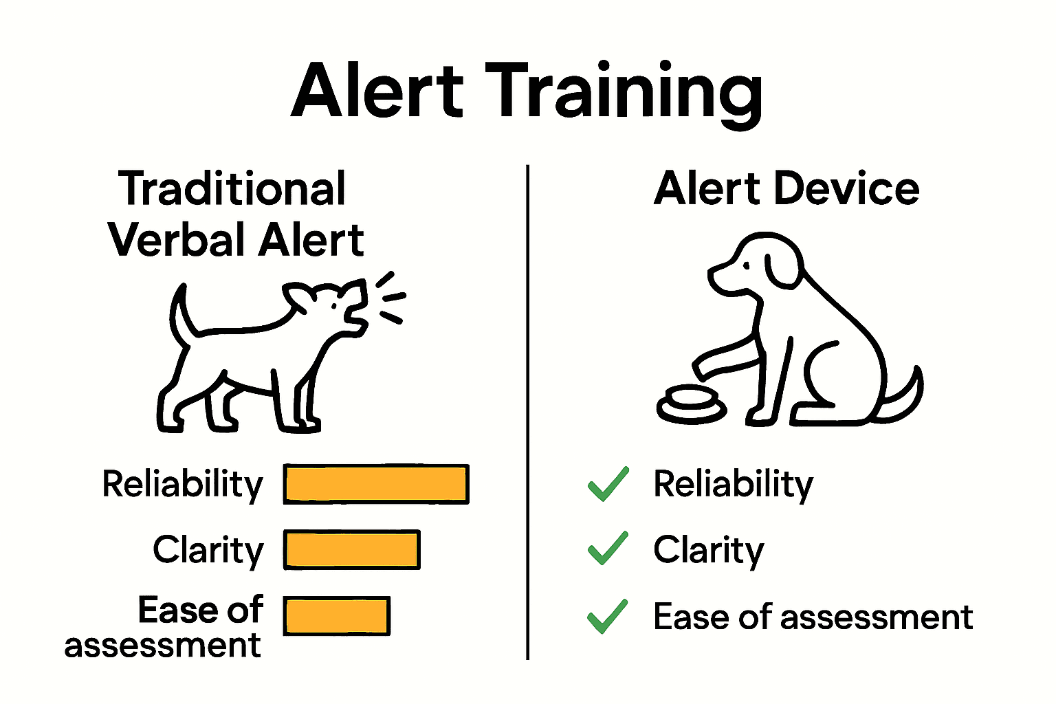 Infographic comparing verbal cue training and alert device training for dogs