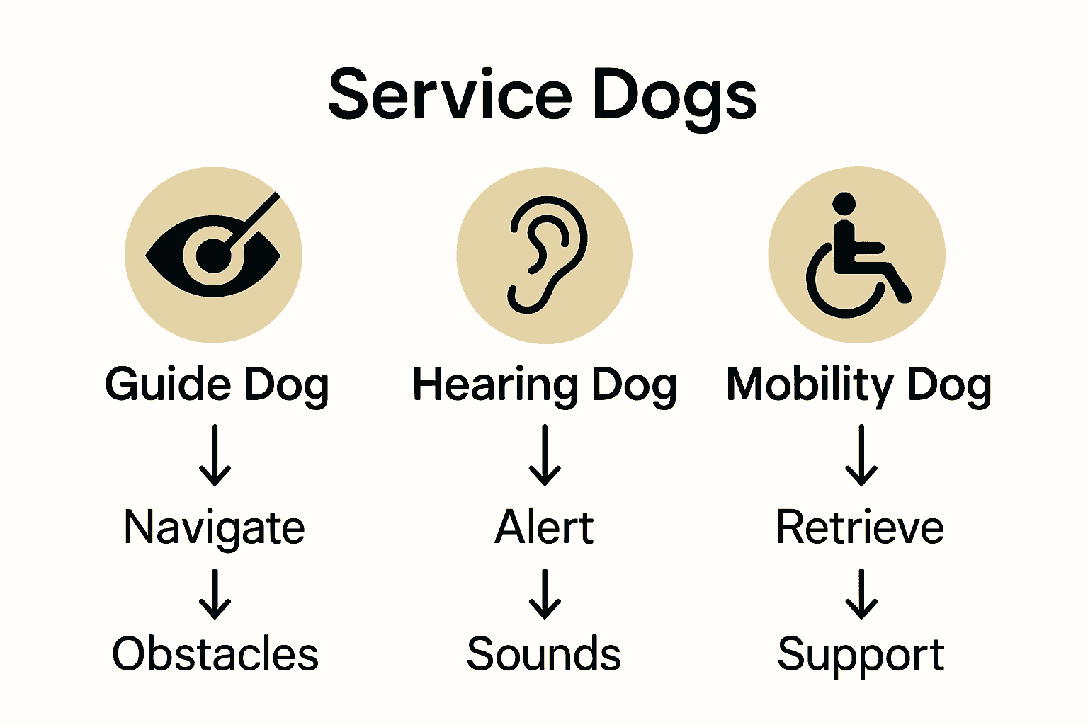 Infographic comparing guide, hearing, and mobility service dog tasks.