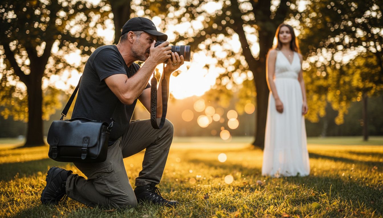 Skilled photographer capturing creative outdoor portrait