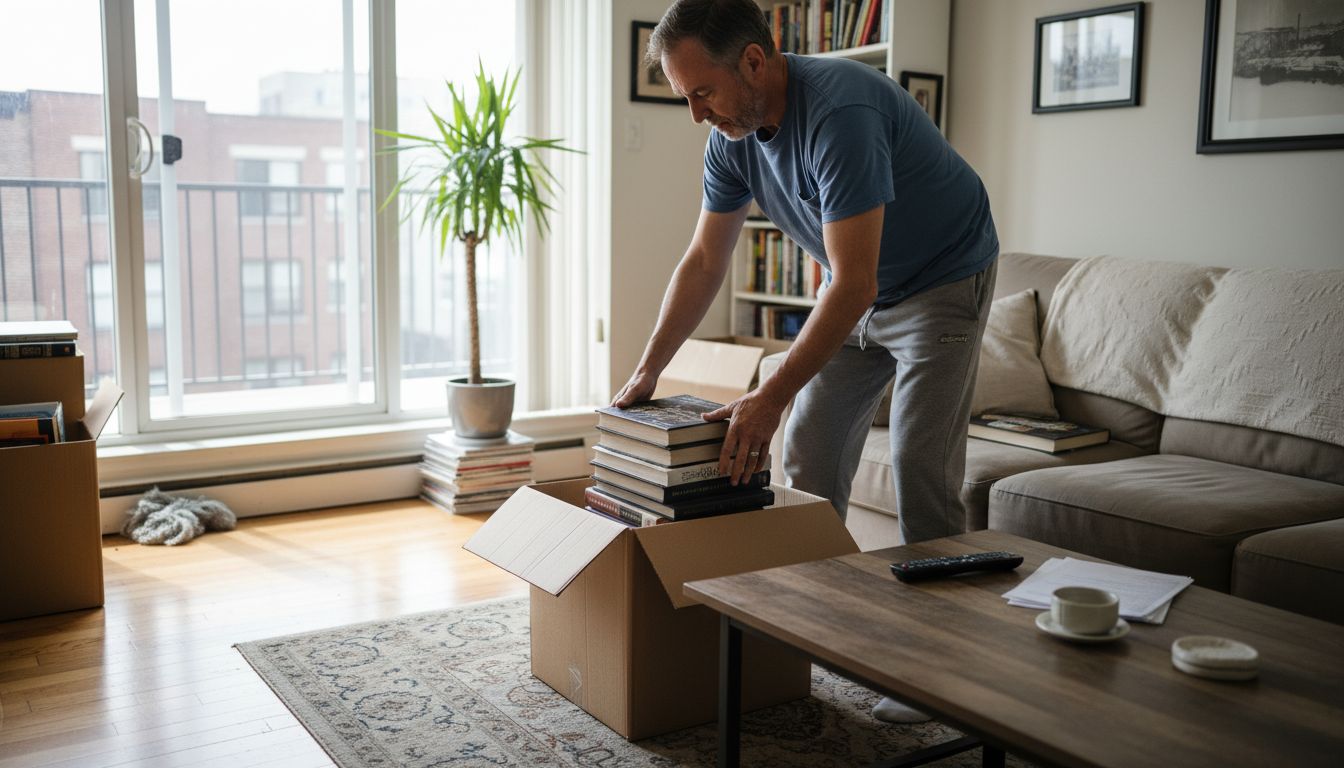 Person decluttering living room before cleaning