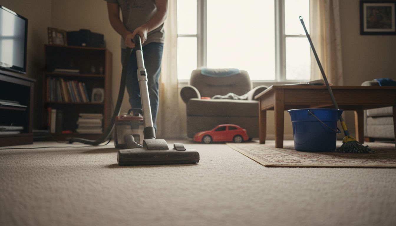 Man vacuuming carpet in lived-in family room