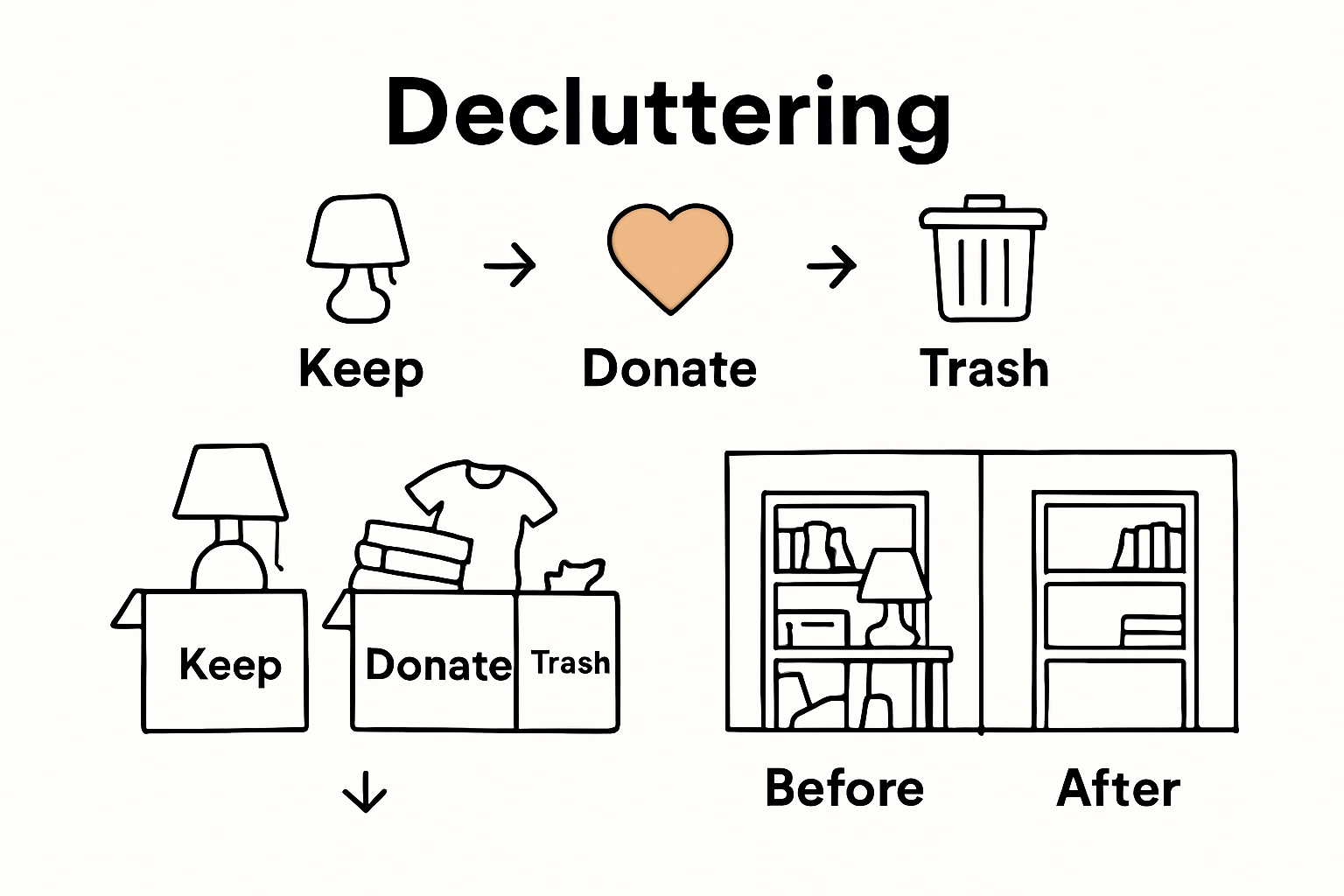 Declutter process infographic with three clear steps