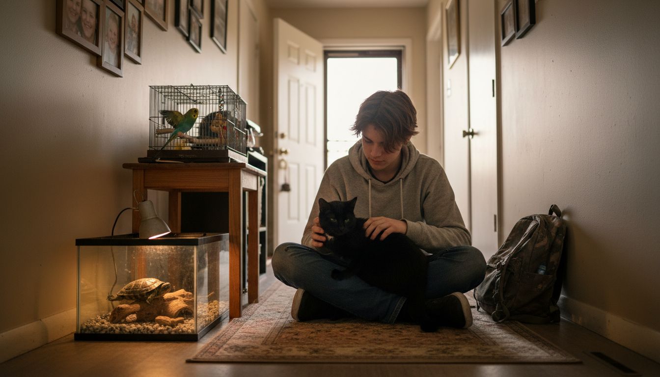 Teen with cat, bird, and turtle at home