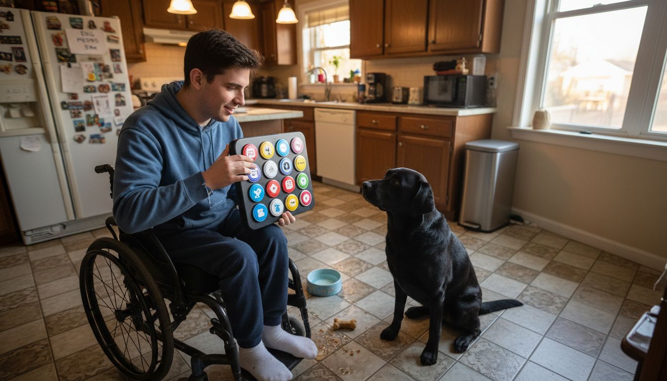 Man shows service dog button communication
