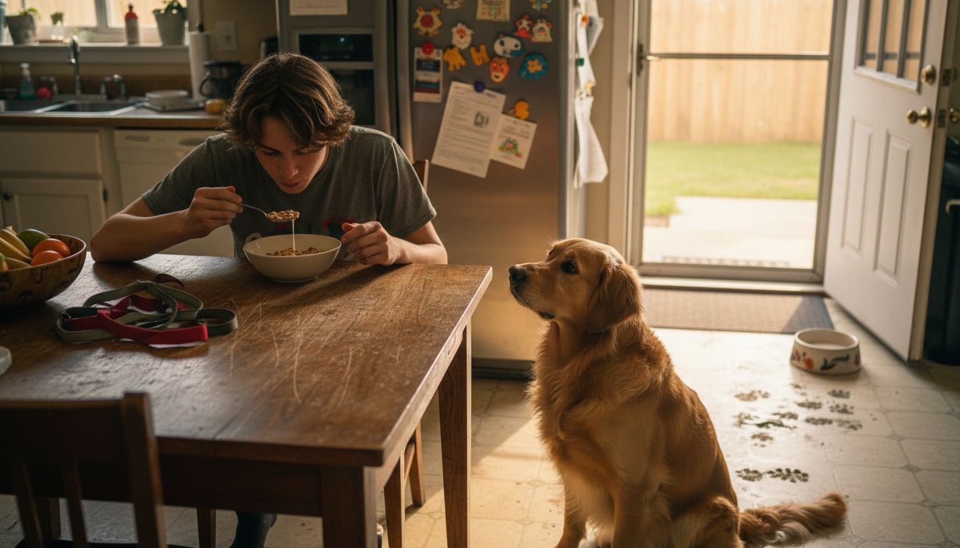 Dog awaiting cues beside family kitchen table
