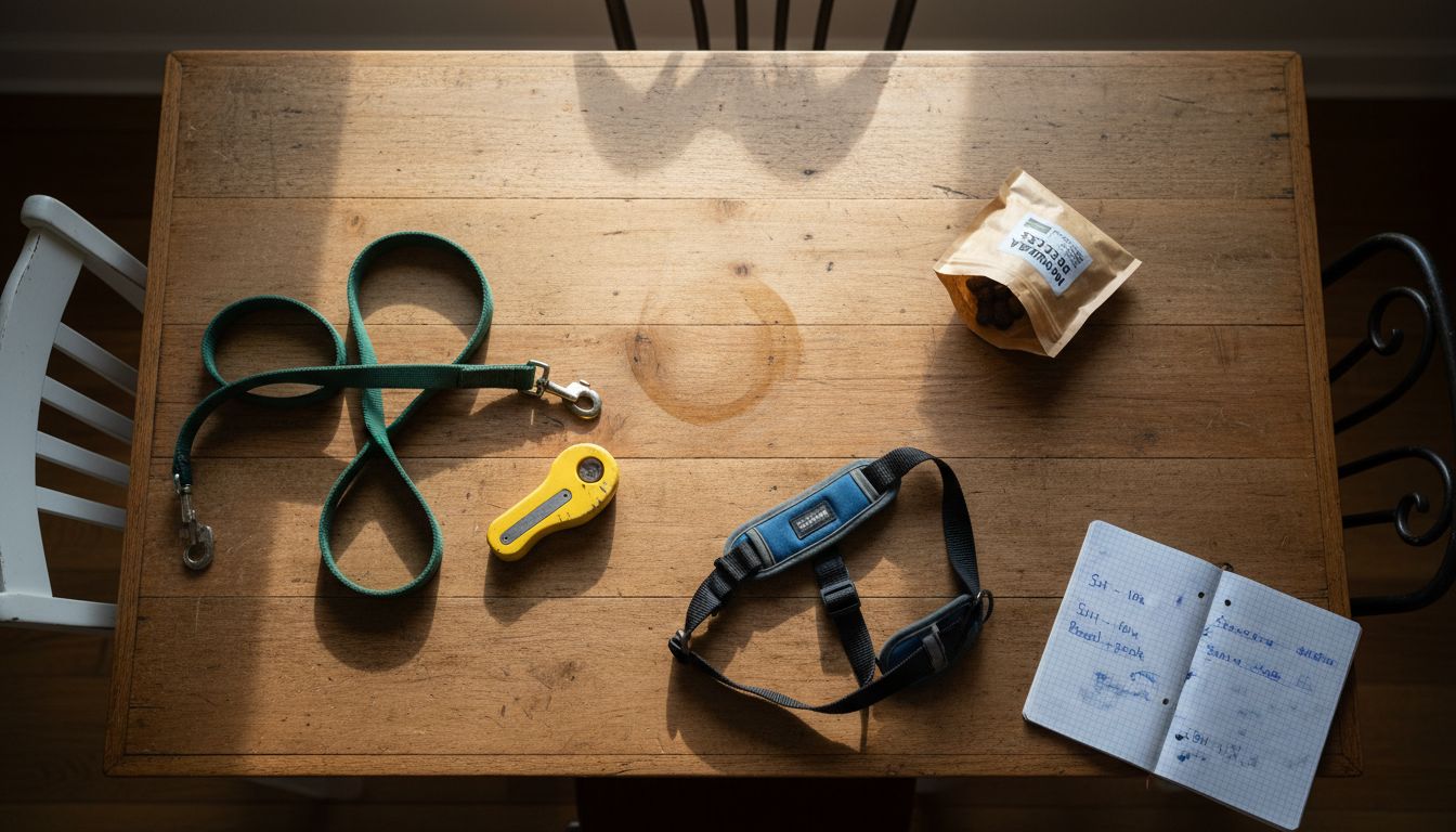 Essential dog training tools on table
