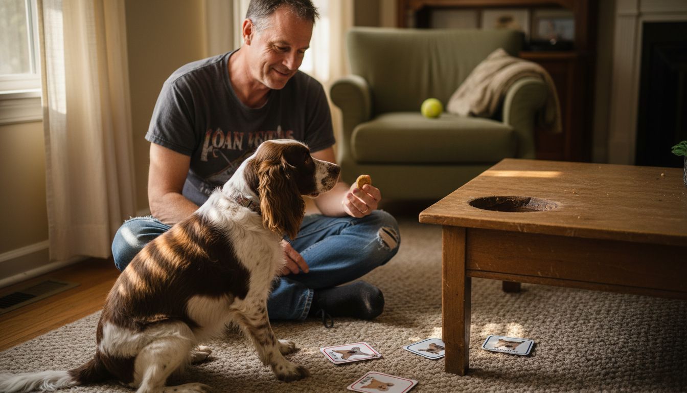 Man teaching dog basic command with treat