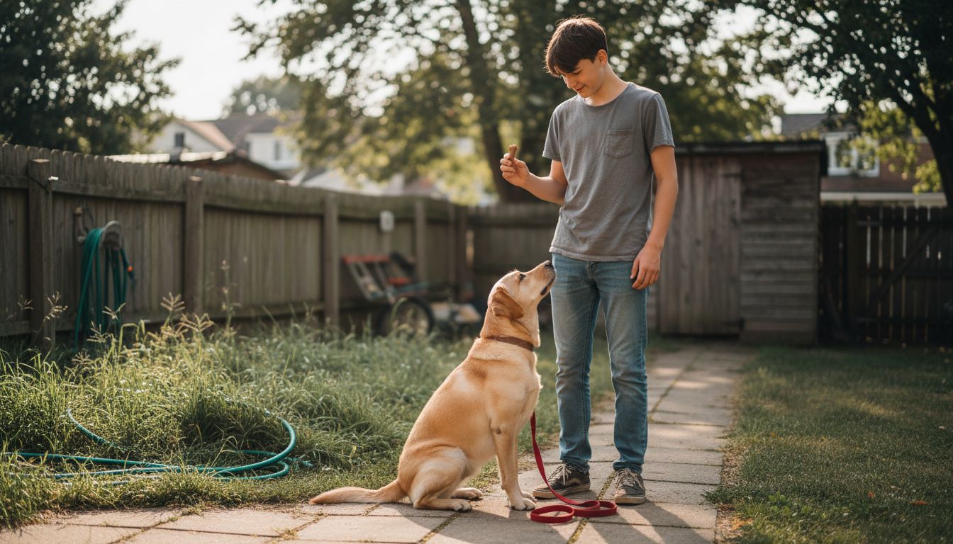 Teen training dog to sit in backyard
