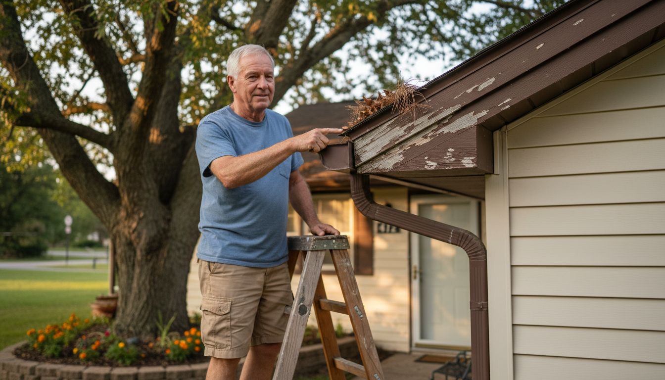 Homeowner inspecting drip edge corner detail