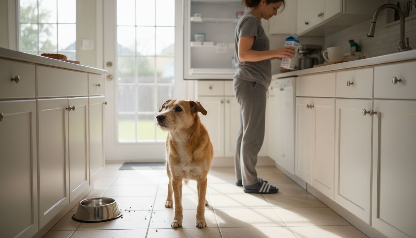 Dog showing emotion and body language in kitchen