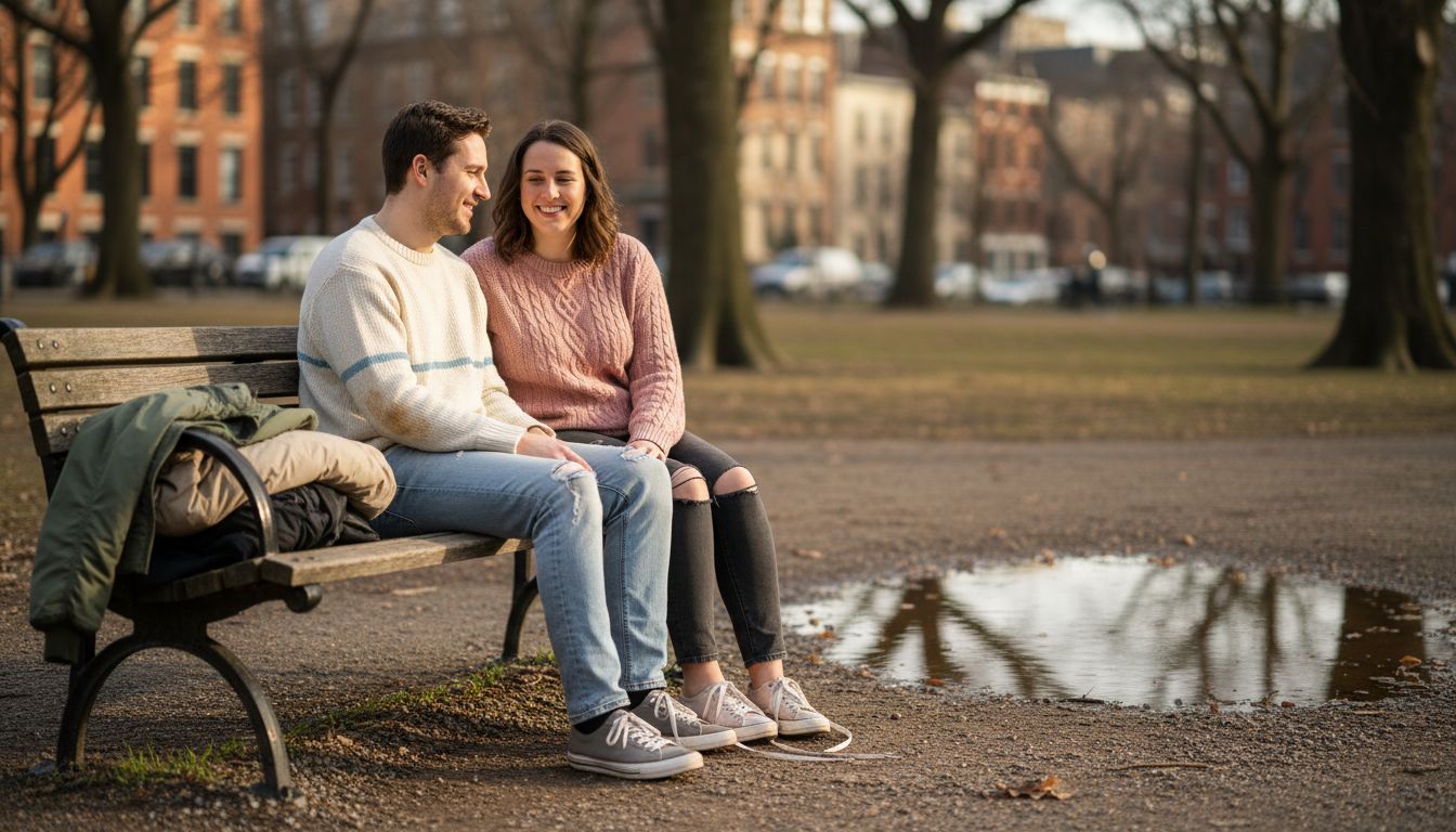 Couple on bench in coordinated casual outfits