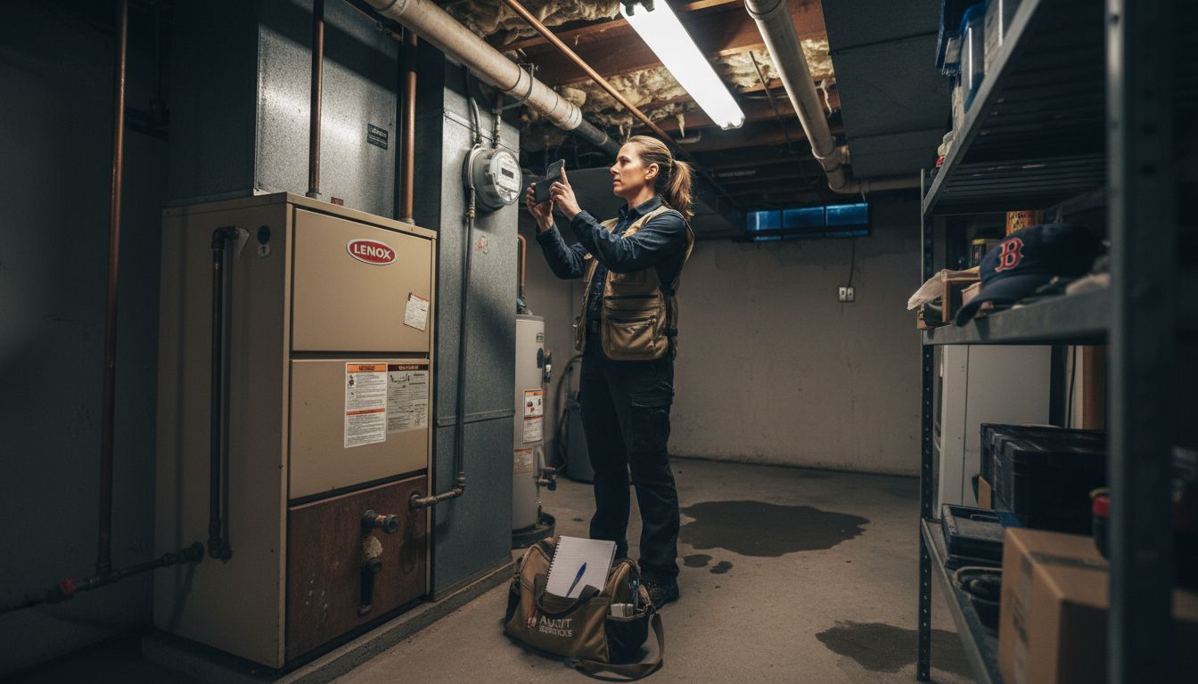 Auditor examining basement furnace and utilities