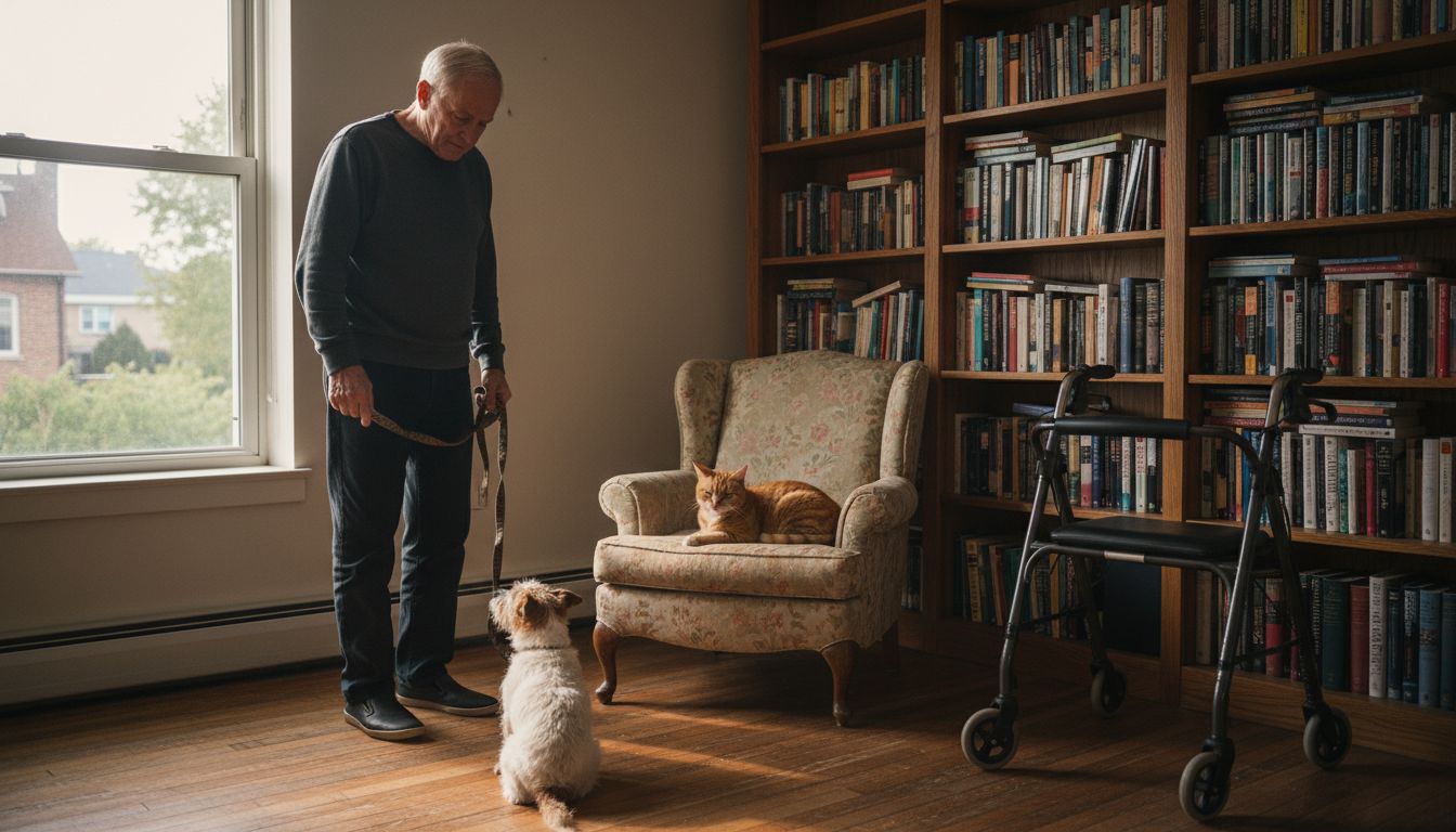 Senior man comparing dog and cat as pets