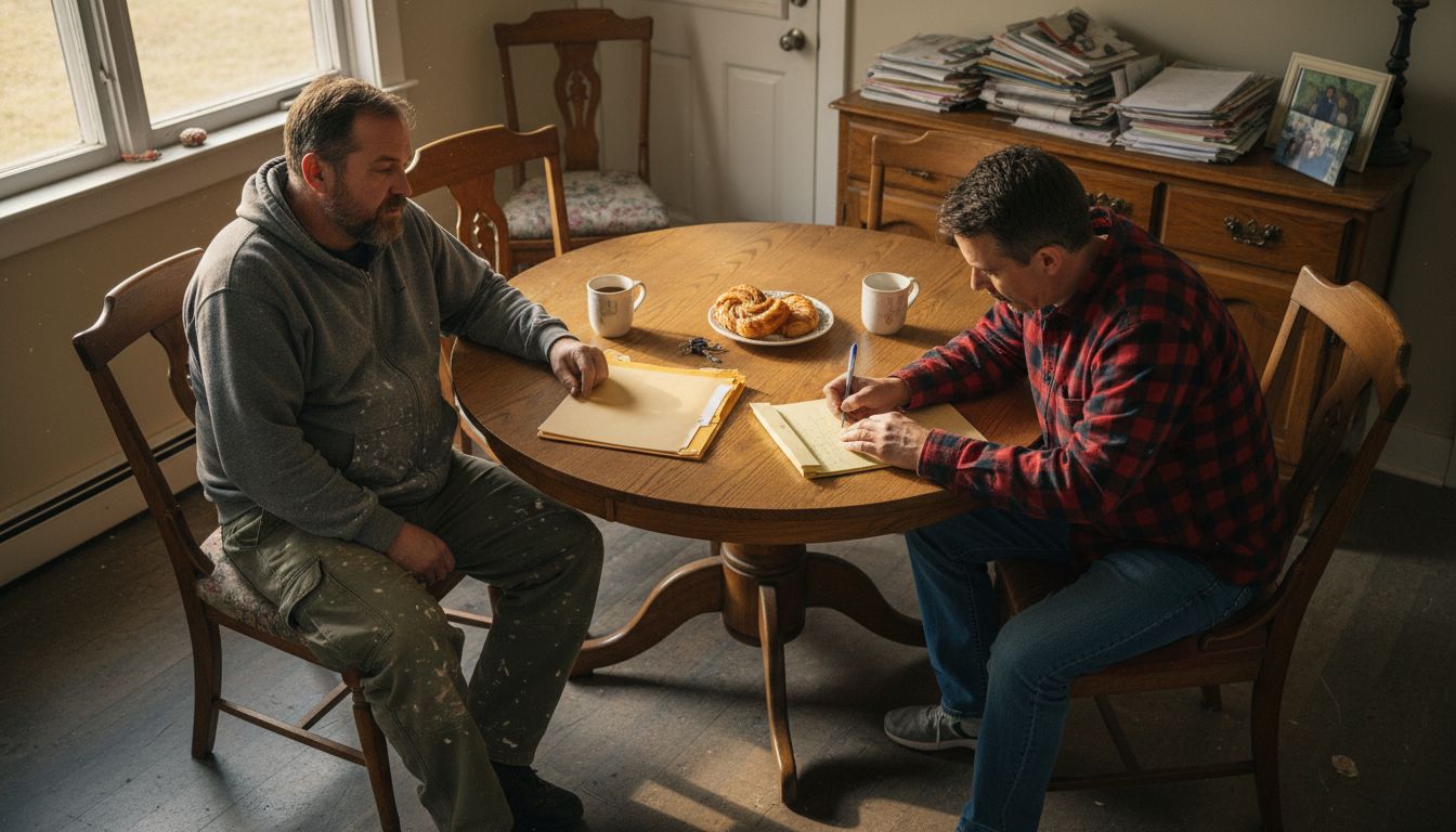 Contractor and homeowner discuss remodel at kitchen table