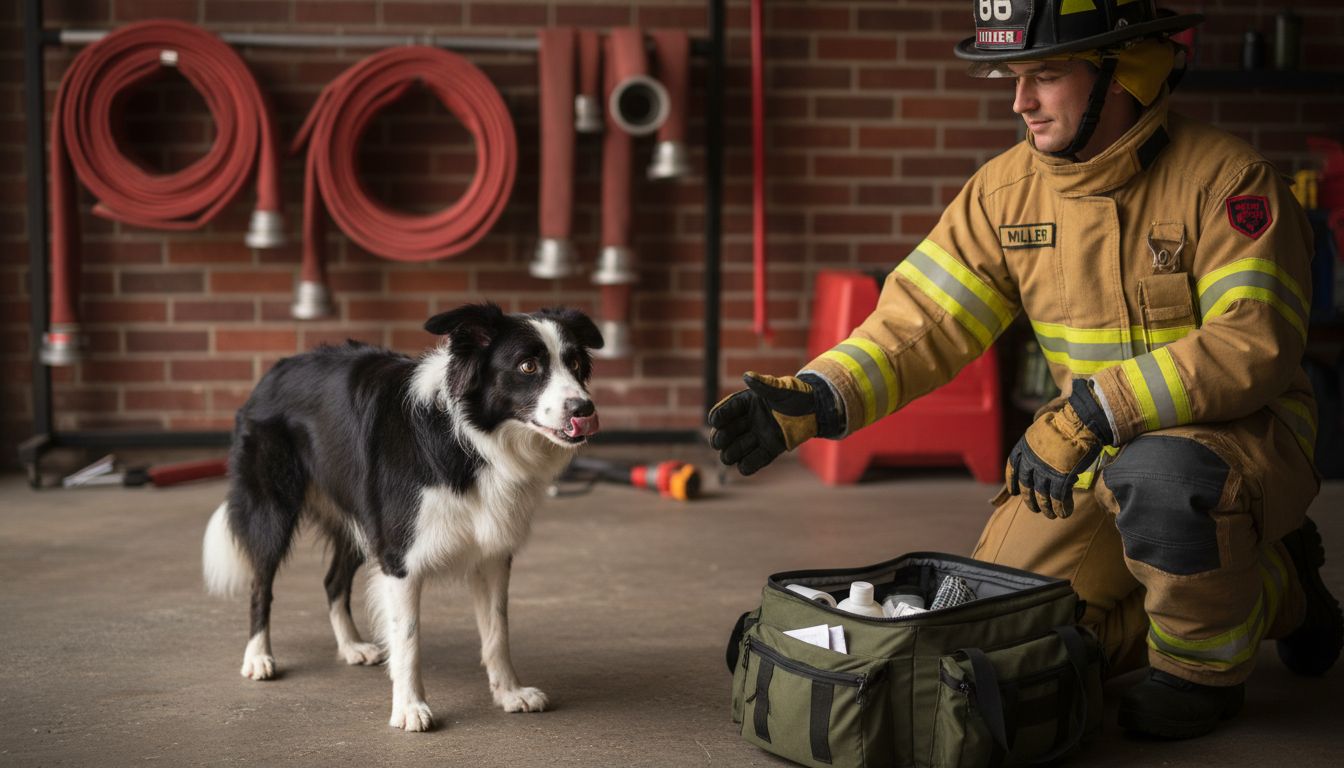 Dog showing stress signals to firefighter handler
