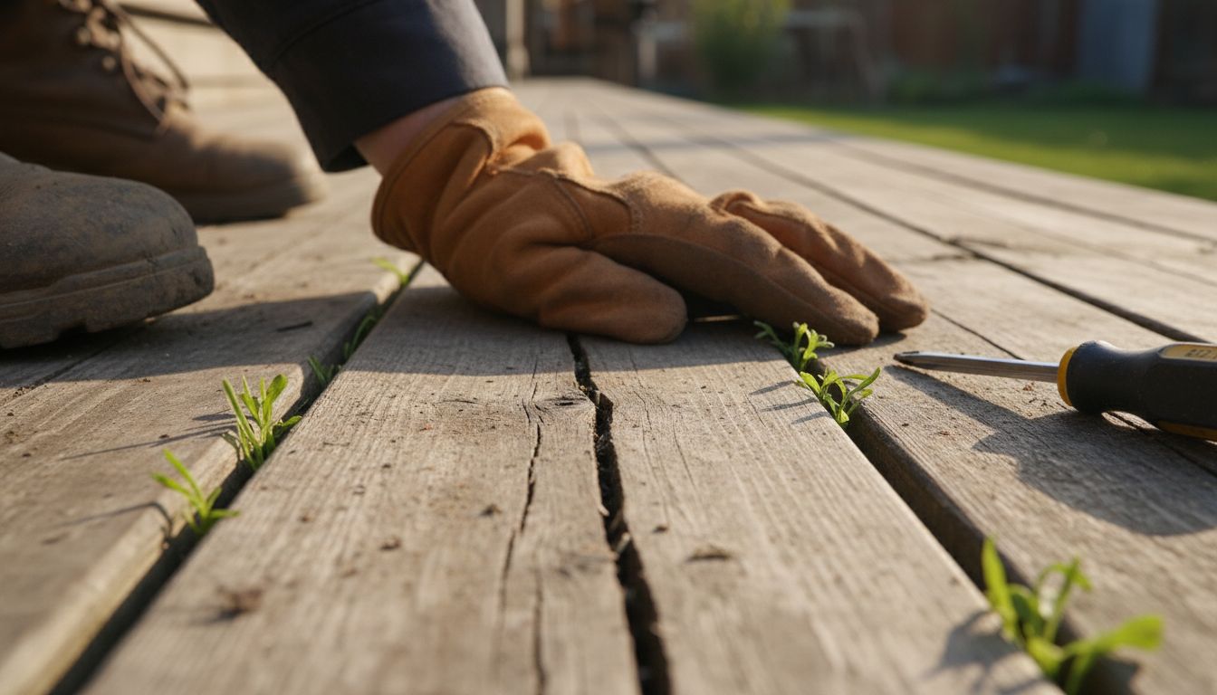 Hand checking cracked outdoor deck board