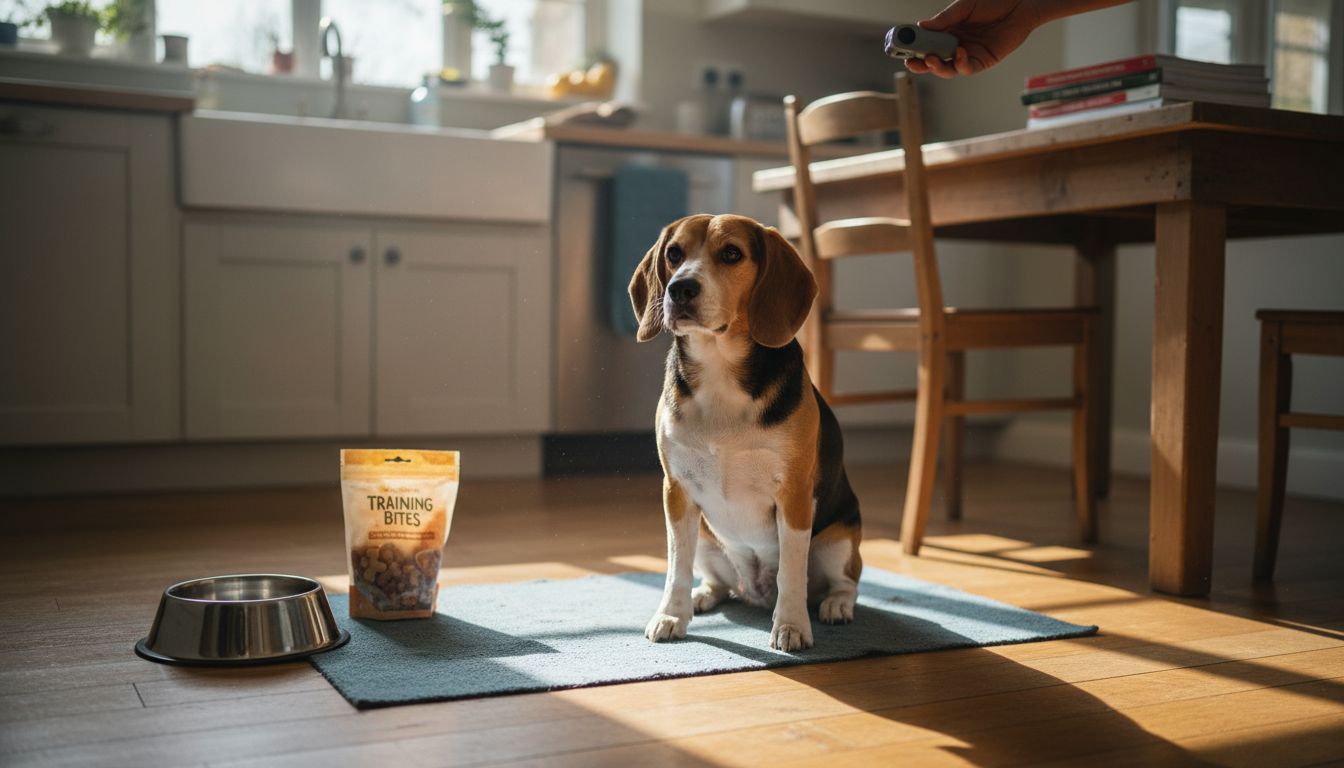 Beagle in training corner with tools and treats