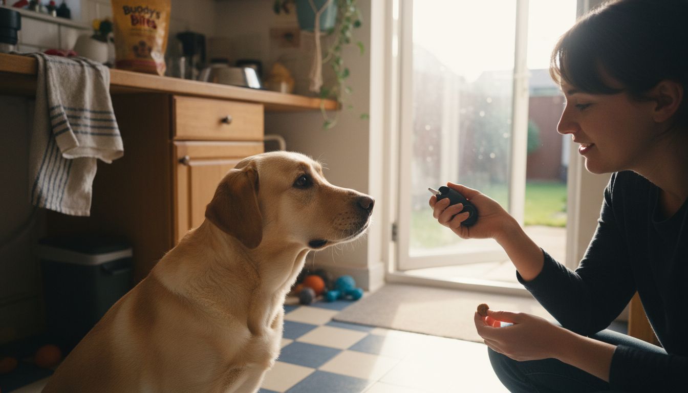 Dog awaiting treat in kitchen during training