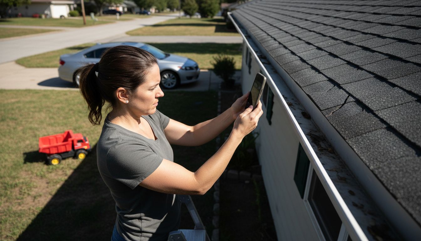 Homeowner photographing roof after hailstorm