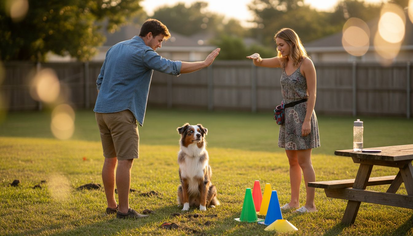 Owners teaching hand signals to dog