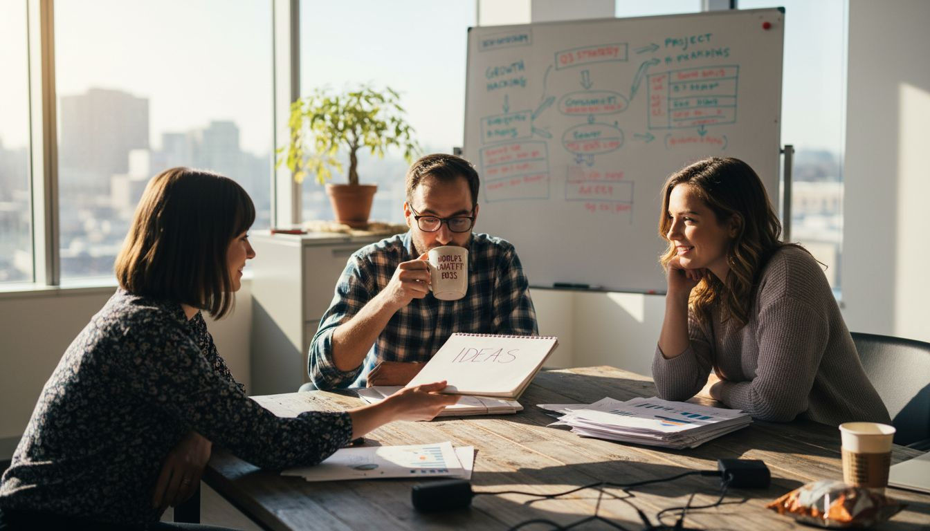 Coworkers collaborating in corner office