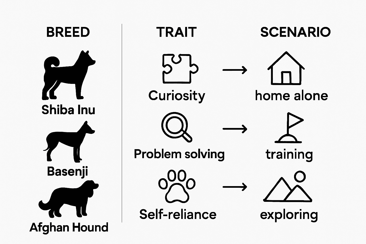 Infographic showing independent dog traits and scenarios