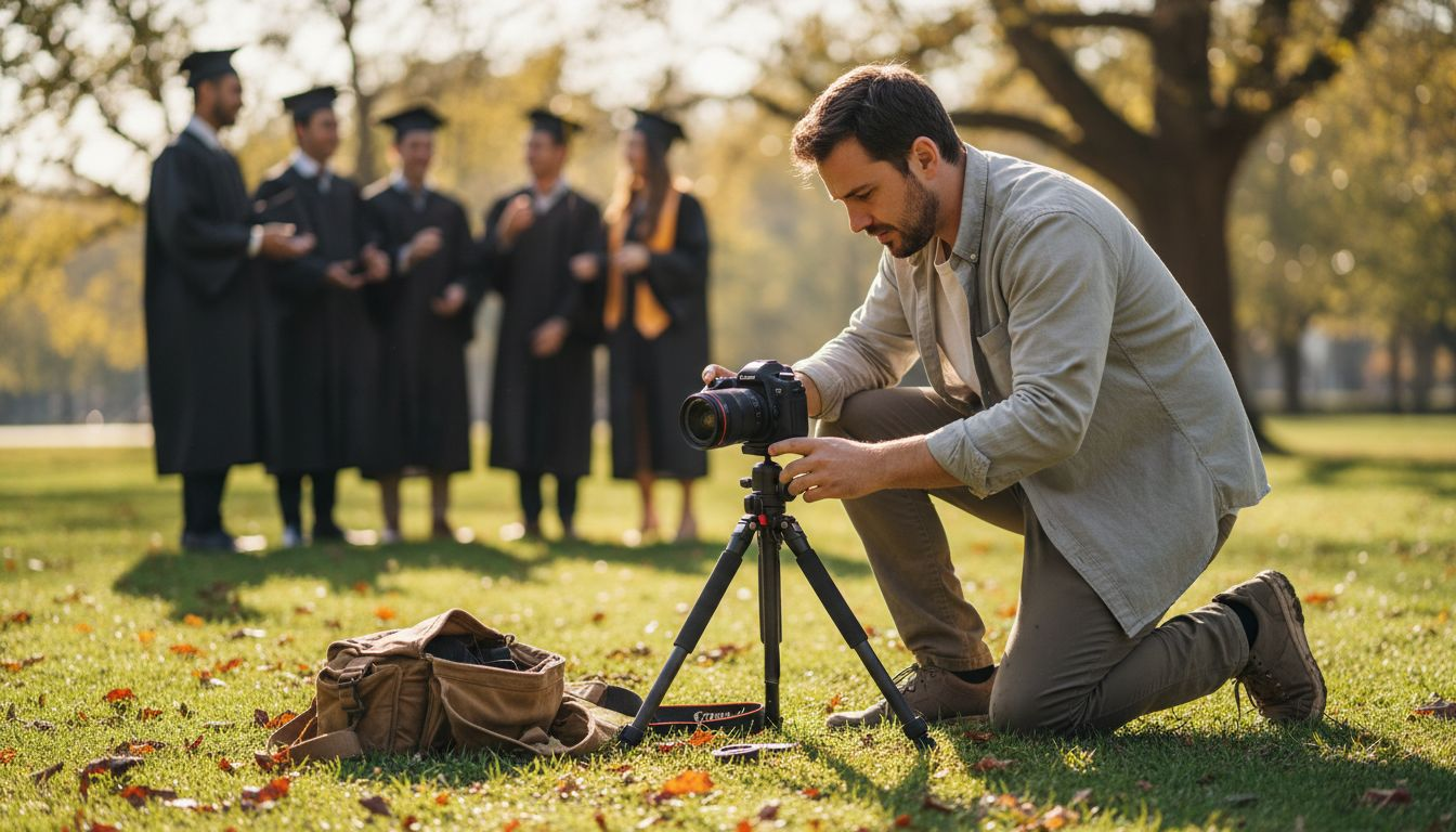 Photographer preparing for outdoor milestone shoot