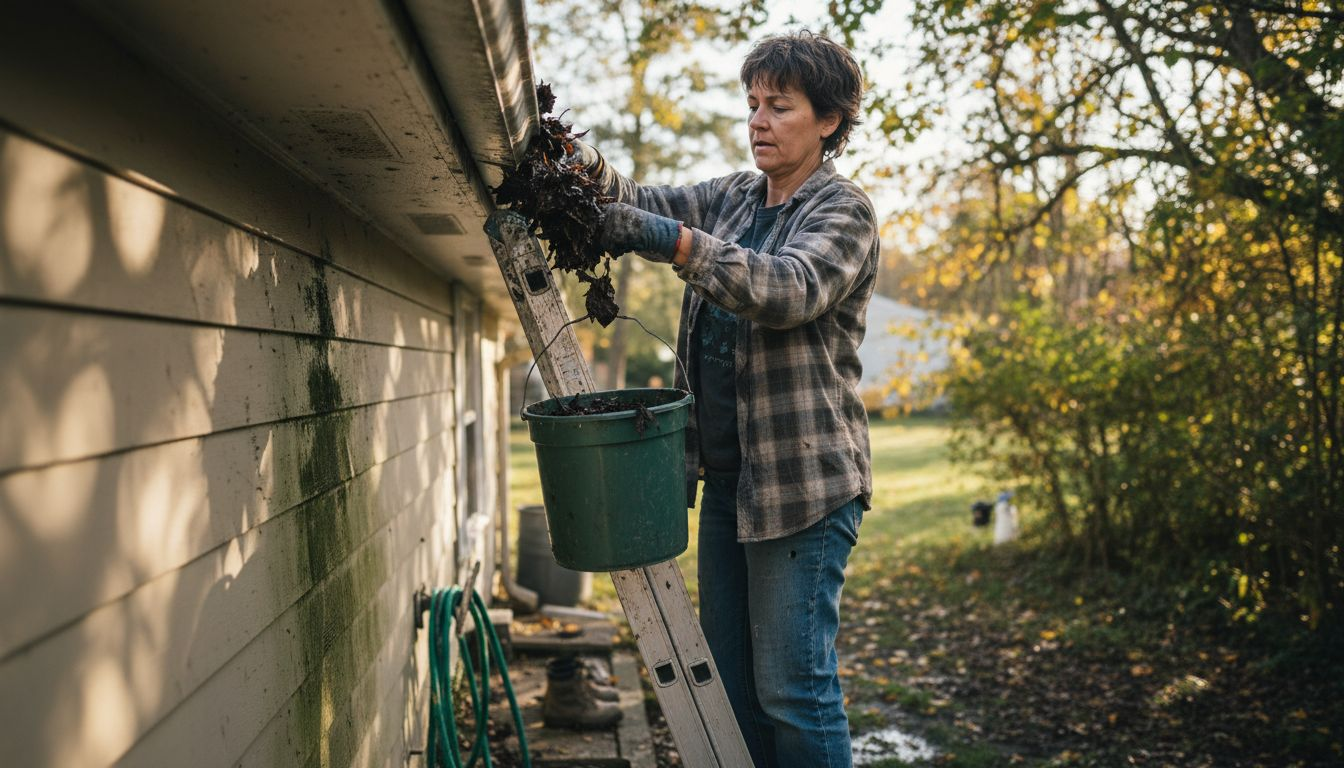 Clogged gutter being cleaned by homeowner