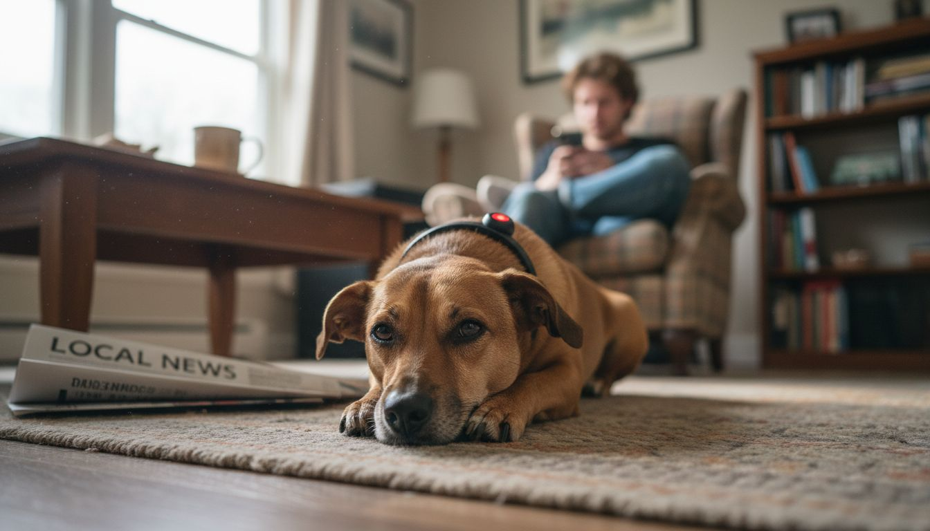 Dog wearing alert collar resting indoors