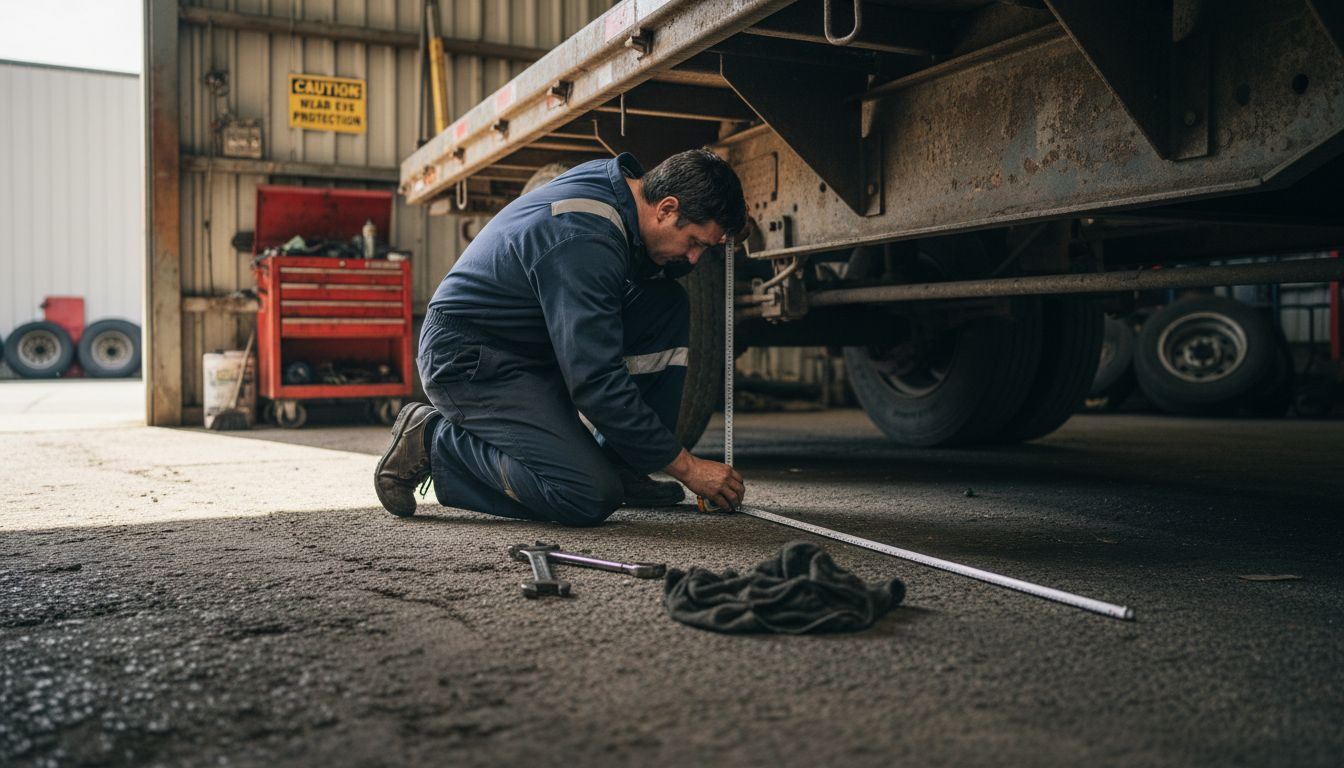 Mechanic measuring trailer axle configuration